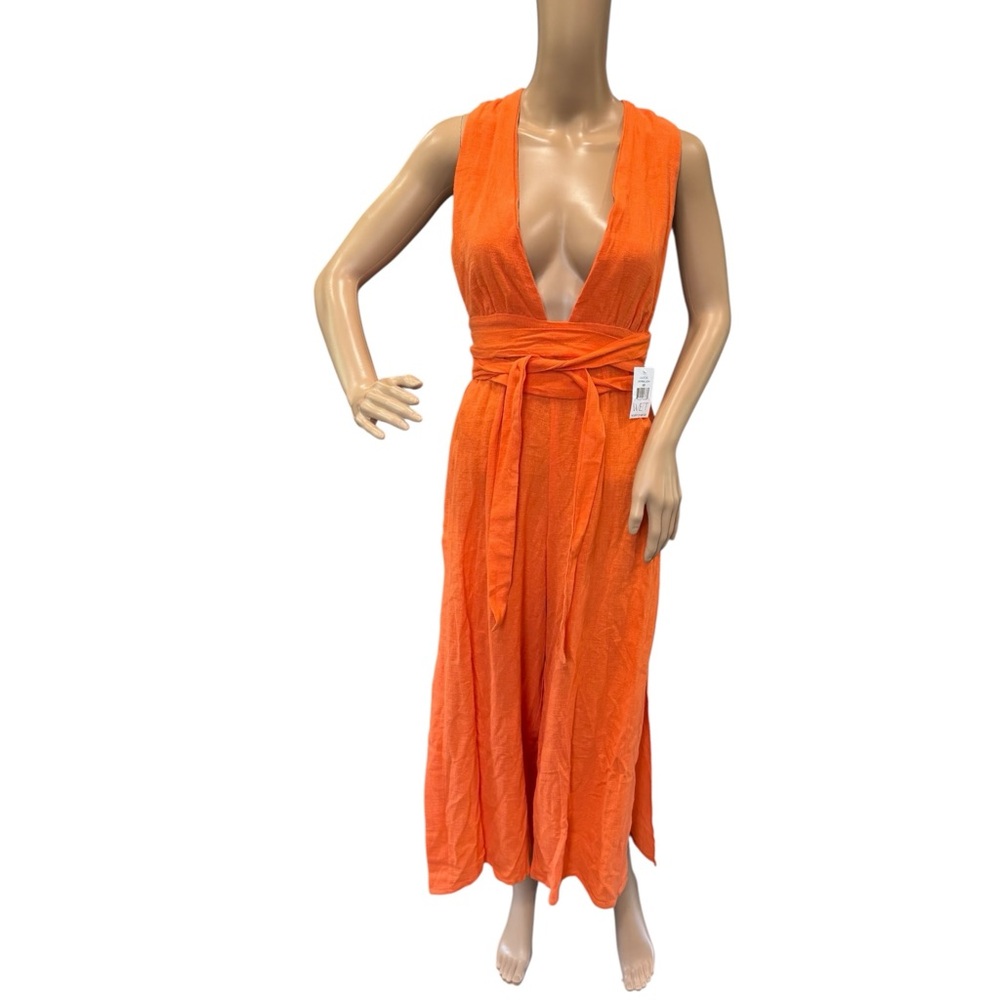 Wet Vibrant Orange Sleeveless Linen Blend Jumpsuit Swimsuit Cover Up Size XS